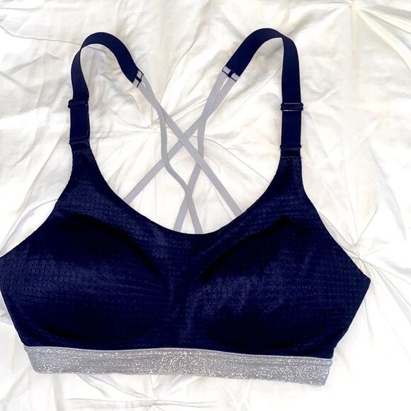 Victoria's Secret Sport Navy Blue Silver Sparkle Glitter Shimmer Strappy Bra - Picture 1 of 16